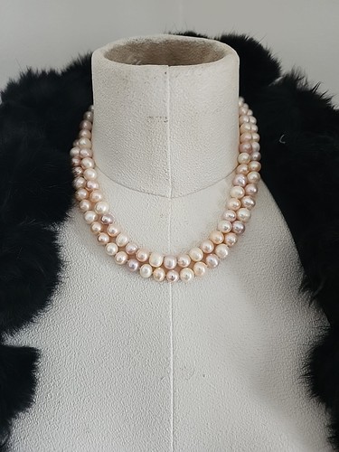 Vtg 2 Double Strand Genuine Pearl Multicolor Necklace 7.0mm Silver Clasp 16" - Picture 2 of 5
