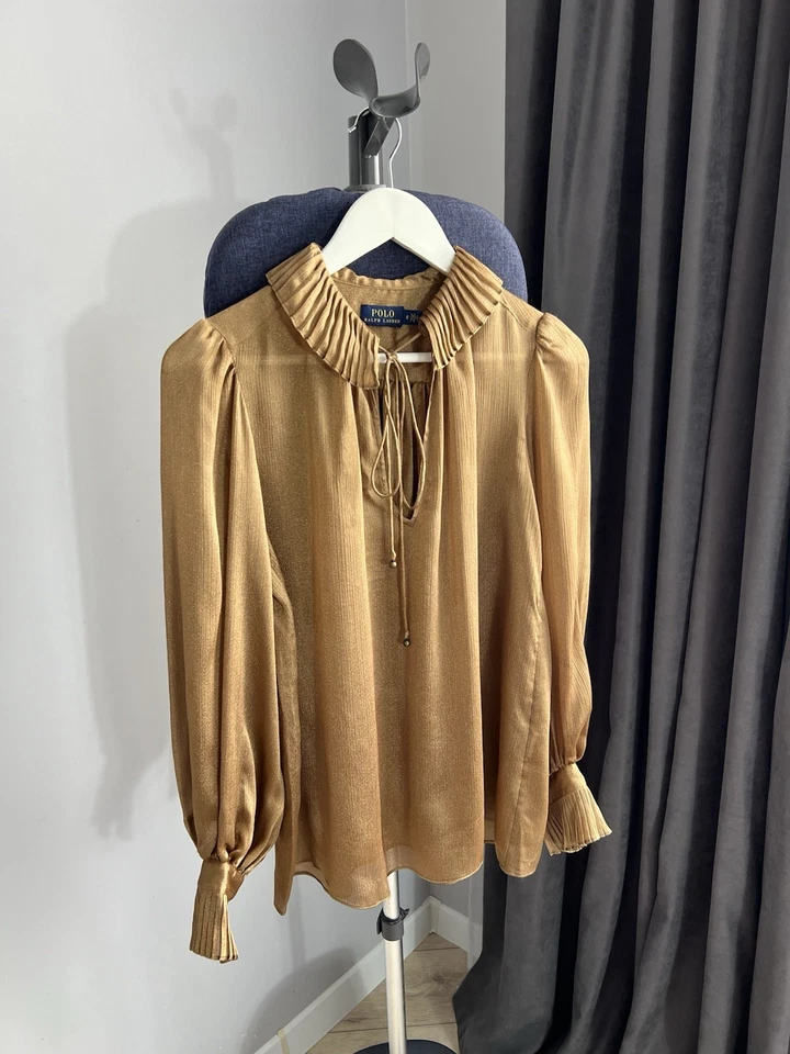 Blusa de seda Polo Ralph Lauren con cuello y puños plisados para mujer talla ... - Imagen 2 de 4