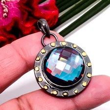 Black Rainbow Mystic Fire Topaz Solid 925 Silver Plated Pendant 1.64" Sku34