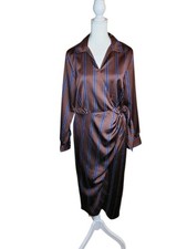 NEW Loft Brown and Blue Pinstriped Midi Wrap Dress Size Small