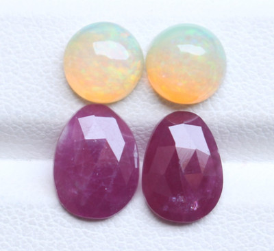 4PCS Natural Ruby Rose Cut & Opal Cabochon Set 7 9.5MM Loose Gems