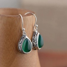 Brand New sterling Silver Green Agate Drop Earrings Vintage  Teardrop Valentine