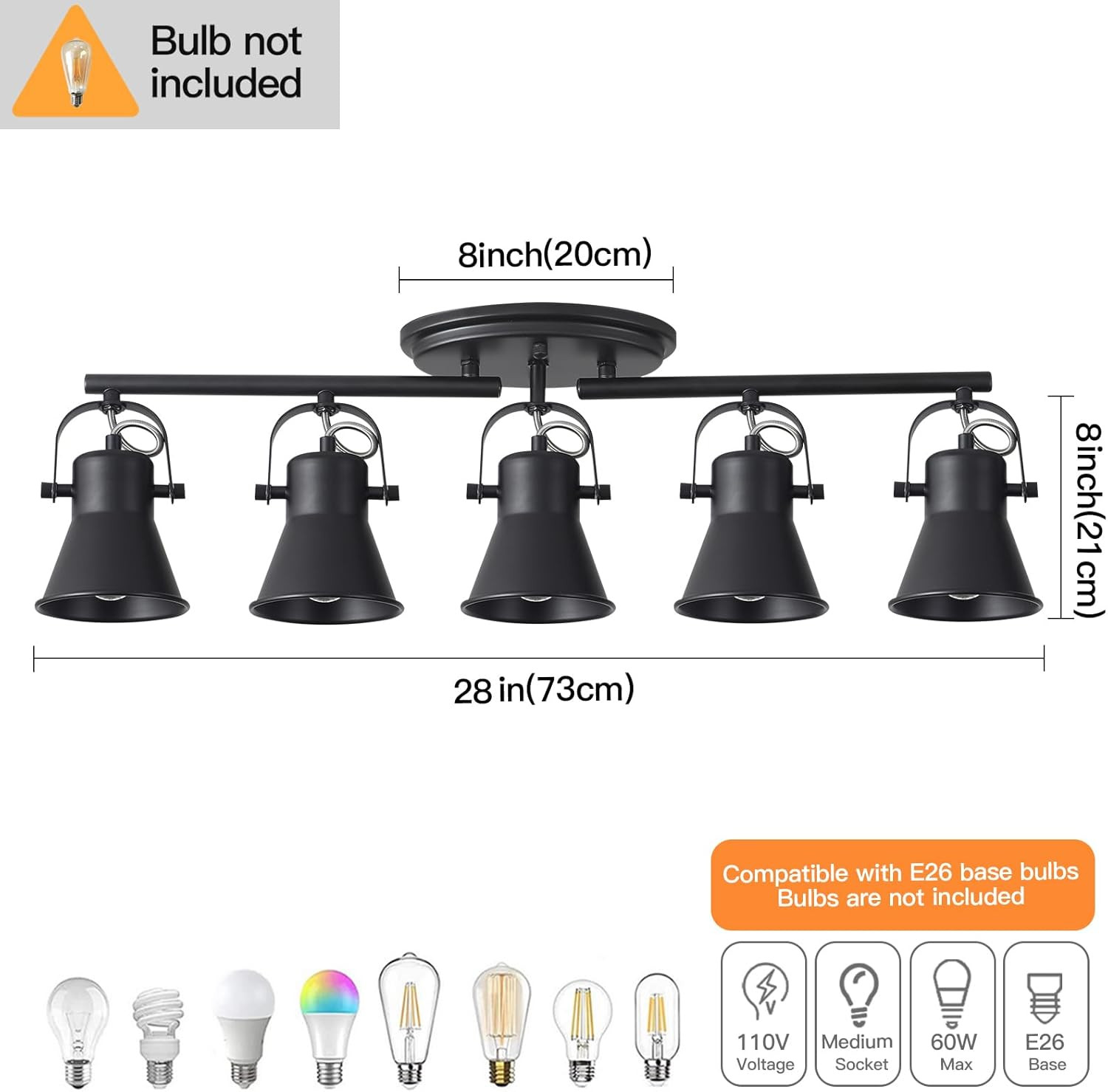 5-Light Track Lighting Kit,Black Semi Flush Mount Ceiling Light with 5 Rotatable