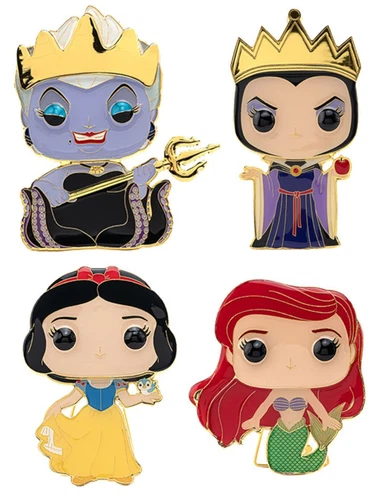 Set of 4 Disney Funko Large Enamel Pins Ariel, Ursula, Snow White, Evil Queen
