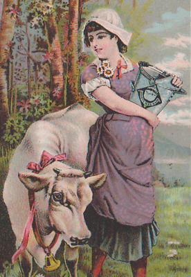1880's GRANITE IRONWARE TRADE CARD, PRETTY MILK MAID & GOOD