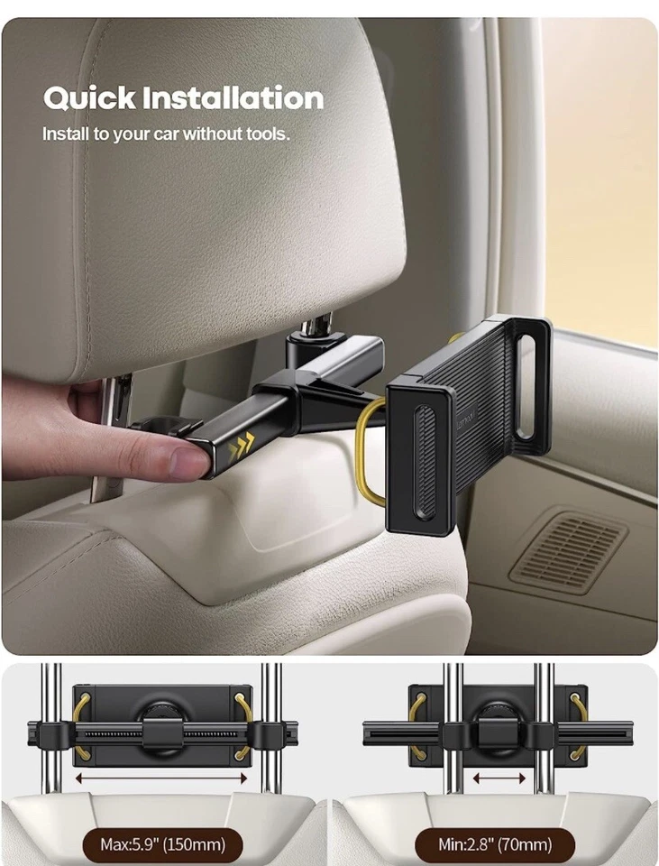 Car Back Seat Headrest Mount Holder Stand For iPad Phones Tablet Universal Black - Image 4 of 4