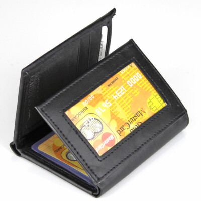 New Mens Black Genuine Leather Trifold Wallet ID Window Credit