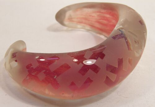 XENO GLASSWORKS PYREX ART GLASS CUFF BRACELET CLEAR & RED SANDBLASTED PATTERN - Picture 12 of 24