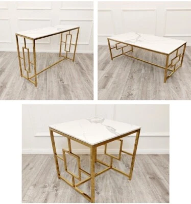 Nero Luxury Italian Gold Stone Marble White Coffee Lamp Console Table NEW