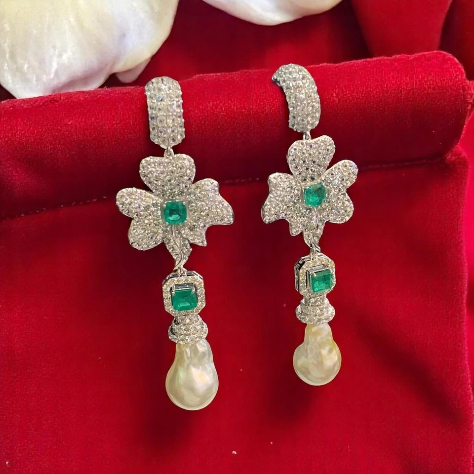 48,60 Karat Natürliche Weiß Saphir Smaragd-Perle Fleur Baumeln Ohrringe 18K Gold - Bild 4 von 4