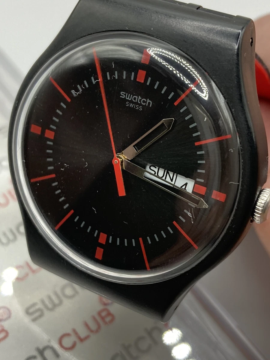 NIB Swatch Swiss Red Black Silicone Band Date Day Dial Watch 2013