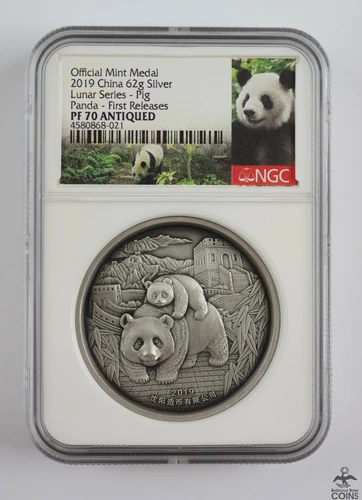 2019 China Lunar Series PIG .999 Silver 62g PANDA Medal NGC PF70 Antiqued w/OGP