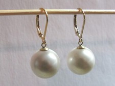 White Sea Shell Pearl Drop Dangle Leverback Earrings 14K Yellow Gold Filled