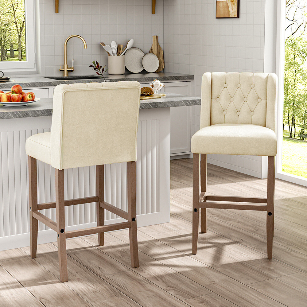 2pcs Vintage Button Back Bar Stools Linen Padded High Chair Barstool Wooden  Legs
