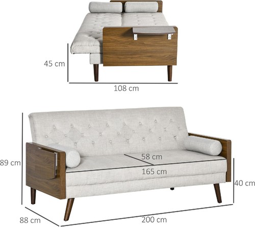 Divano Letto Singolo Mensole Laterali 3 Posti Reclinabile Beige Dechome - Foto 3 di 9