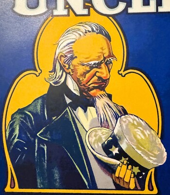 Antique 1920s Uncle Sam Apples Crate Label, Wapato, WA, Patriotic Decor! Blue