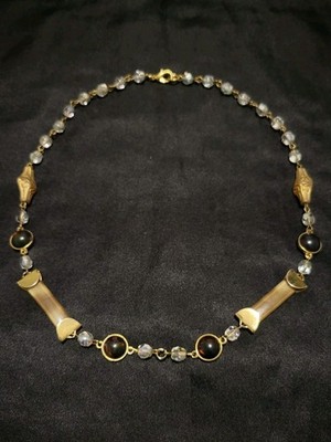 Vintage Art Deco Style Gold Tone Beaded Station Necklace Iridescent Crystal...