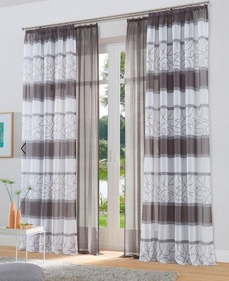 2er Set Transparente Gardinen Stores mit Kräuselband Voile weiß/graubraun -Top-