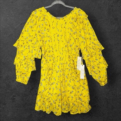 Happy Nature Women's Size M Mini Dress Yellow Floral Ruffle Long Sleeve Cotton