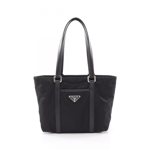 PRADA Triangle logo Shoulder Tote Bag Nylon Saffiano leather Black Used Women