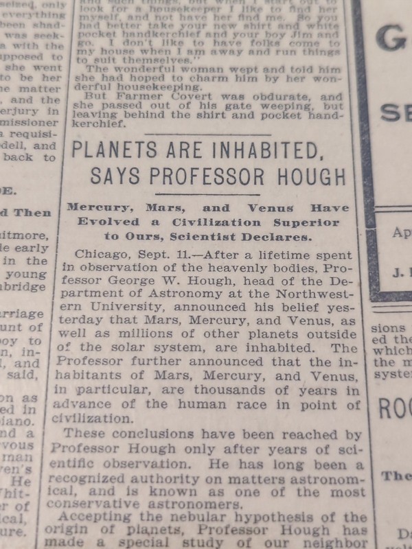 SEPT 1902 NEWSPAPER #2142- PROFESSOR CLAIMS MARS, MERCURY AND VENUS INHABITED