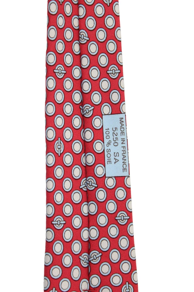 Corbata ancha Hermes para hombre con estampado de círculo geométrico de seda roja azul Foto 4 de 4