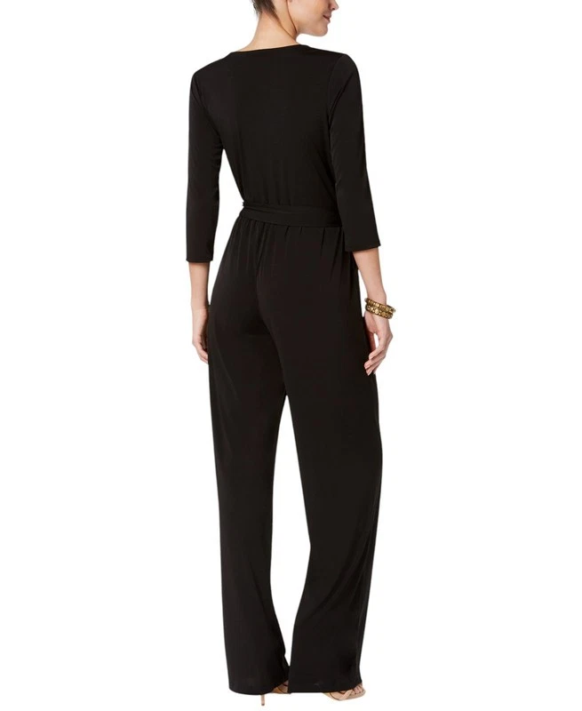 Mono para mujer NY Collection Petite manga 3/4 cinturón pierna ancha Foto 2 de 2