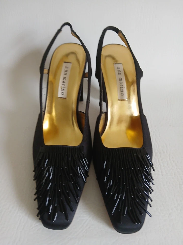 Women's Ann Marino Black Satin Slingback Shoes Embellished With Fringe Beads... - Image 2 of 4
