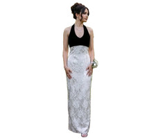 VTG 90s Gown Jessica McClintock Gunne Sax Ivory Black Halter Velvet Prom XS XXS