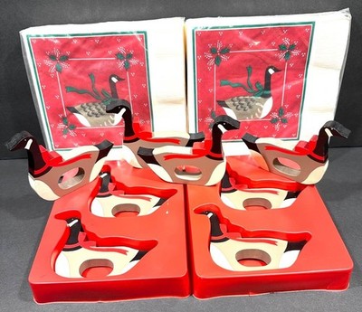 VTG Christmas Hallmark 8 Canadian Geese Wood Napkin Rings + 2 Matching Napkins