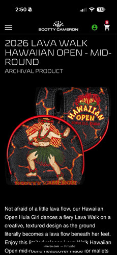 Scotty Cameron 2026 Lava Walk Hawaiian Open Hula Girl Headcover Mid-Round
