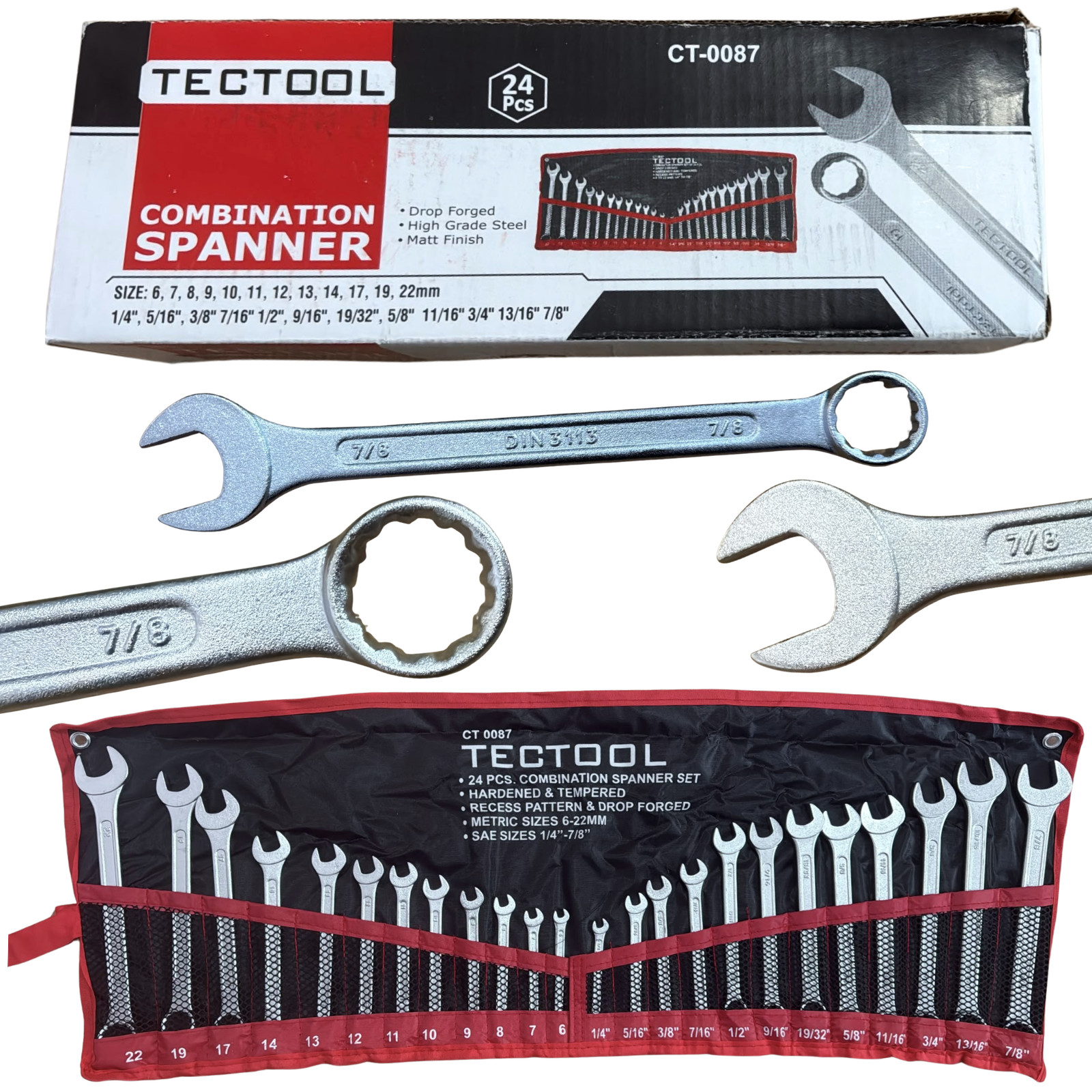 Combination Spanner Set 24pc Metric 6-22 mm & SAE 1/4-7/8 Drop Forged In Wallet - Image 7