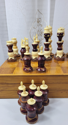 VTG Mexican Tarascan Hand Carved Wood & Bone? Chess Set Folding Wooden Board - Picture 5 of 20