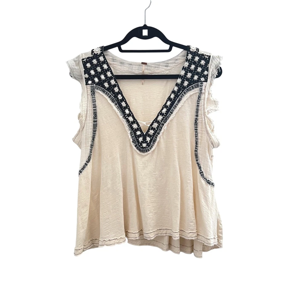 Regata Free People bordada boho sem mangas bege algodão linho G - Imagem 2 de 4