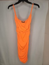 SHEIN Women's Dress Size Small Neon Orange Short Ruched BodyCon Spaghetti Strap