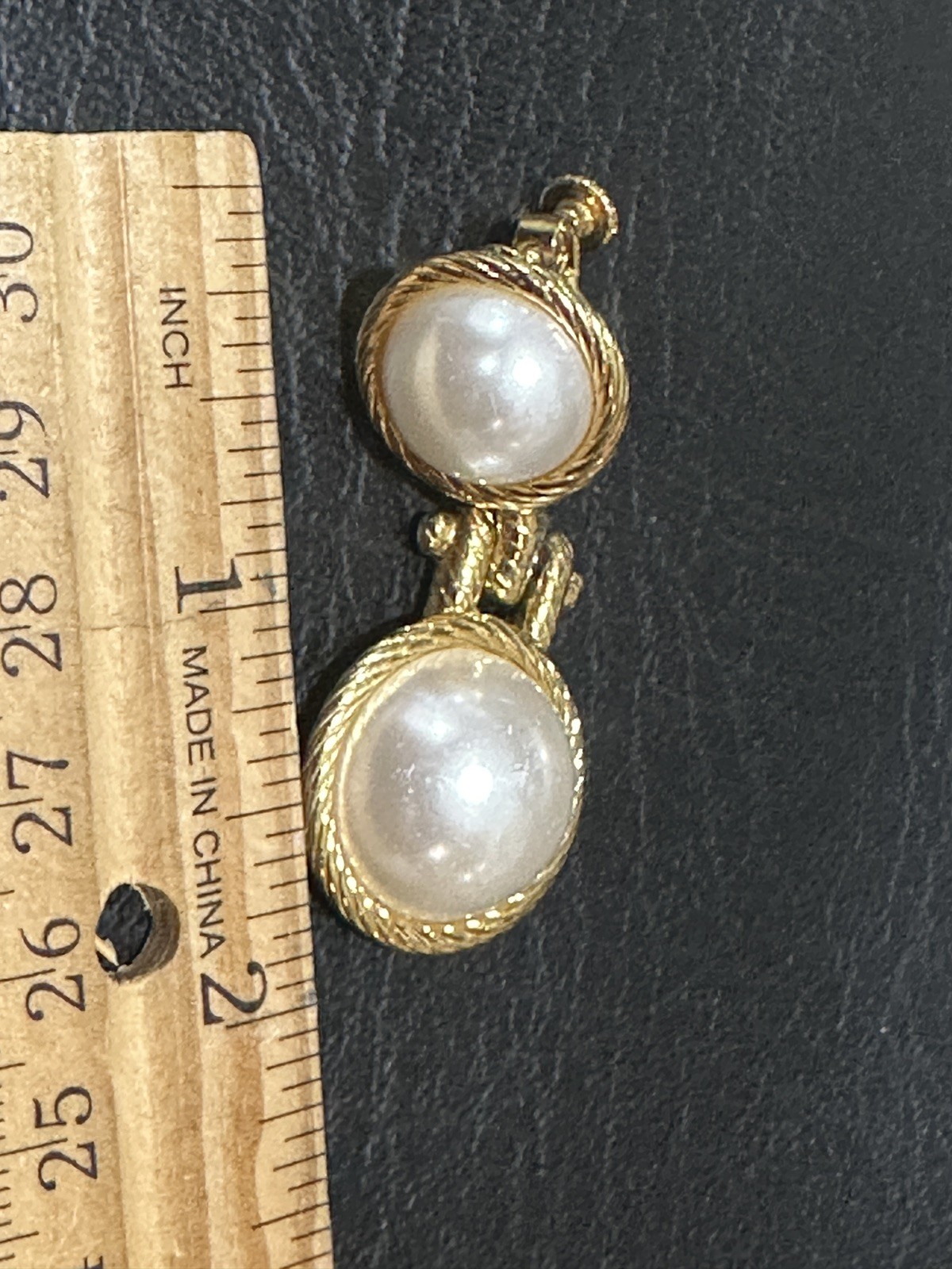 Vintage Gold Tone Double Imation Pearl  Cabochon Drop Clip On Screwback Earrings