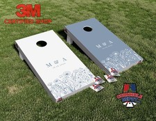 Custom Wedding Personalized Name Flowers White and Blue Cornhole Board Wraps Set