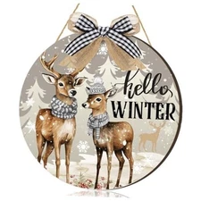 Hello Winter Door Sign Winter Snowflake Welcome Sign Door Decor Wooden Reindeer