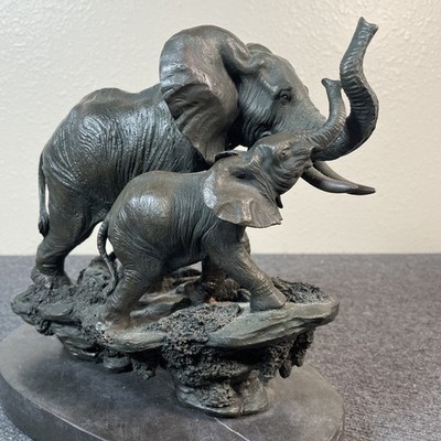 Elephant Mother & Calf Bronze Statue signed Barye