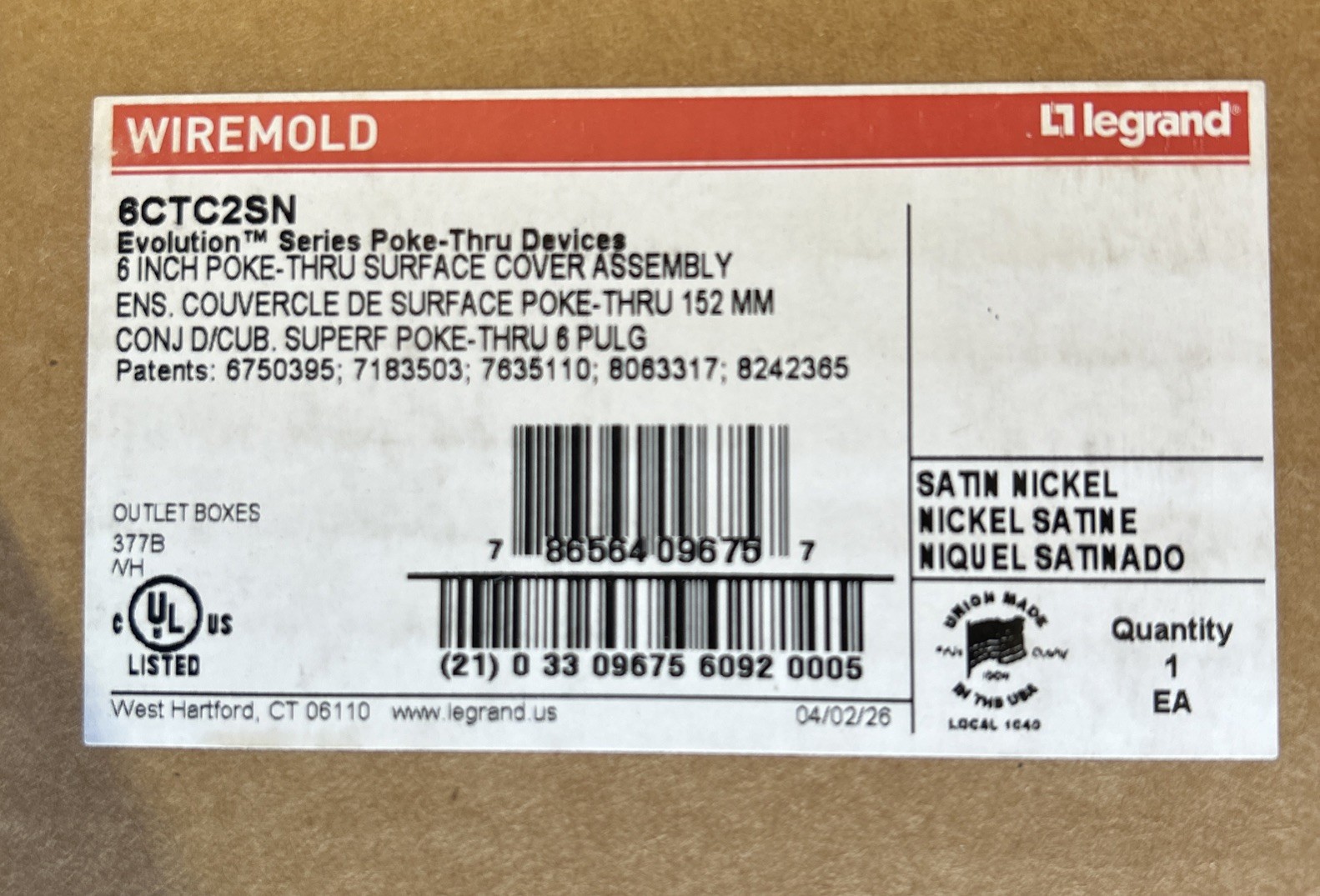 Legrand Evolution Series 6CTC2SN 6” Poke Thru Cover, SATIN NICKEL FREE SHIPPING