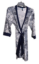 Laura Ashley Bath Robe Soft Wrap Blue White Floral Design Mid Length Size M