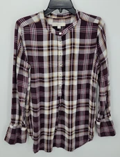 Ann Taylor Loft Top Womens Maroon Plaid Metallic Long Sleeve Boho Blouse