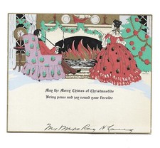 Vtg Christmas Card Home Interior Fire Aglow Dad Ez Chair Pipe Mom Decorates 1930