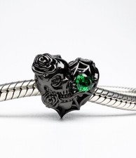 Black Skull Charm Bead Skeleton Rose Flower Genuine 925 Sterling Silver 💖