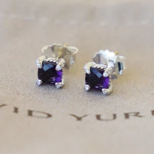 David Yurman Sterling Silver 6mm Chatelaine Stud Earrings Amethyst & Diamonds