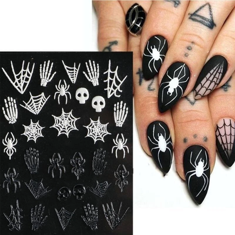 NAIL STICKERS FLOWERS TULIPS 5D Nail Art Aufkleber Aufkleber Halloween Spinnen Web Spinne Schädel Skelton Hände D58