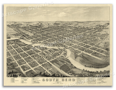 1874 South Bend Indiana Vintage Old Panoramic City Map - 18x24
