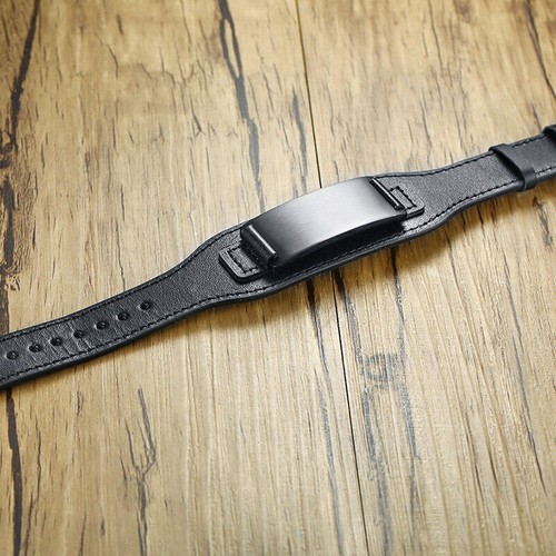 Black Plate Genuine Leather Medical Alert ID Men Bracelet Bangle DIY Engraving - Picture 9 of 10