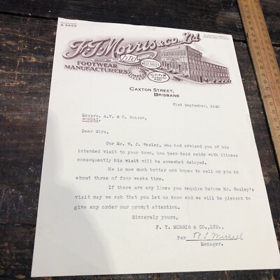 F.T. Morris & Co Footwear Vintage 1940 Letterhead Australian 