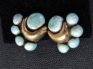 Vintage Screw Back Earrings Turquoise Enamel Porcelain Gold Plate Metal UNIQUE